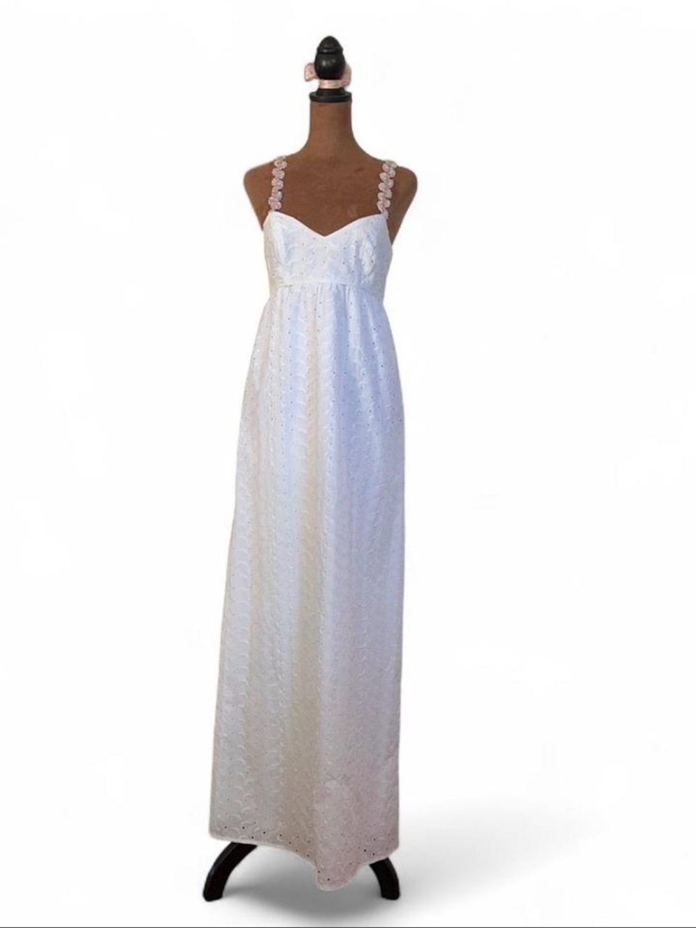 Vintage 60s 70s White Eyelet Maxi Dress with Lace Straps 7/8